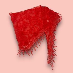 Y2K Red Sheer Rosette Shoulder Scarf Festival Romantic Boho Fringe